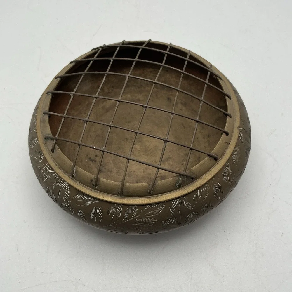 Vintage Brass Bowl w/Wire Grid Cover & Wood Spheres,‎ India, Etched Leaves